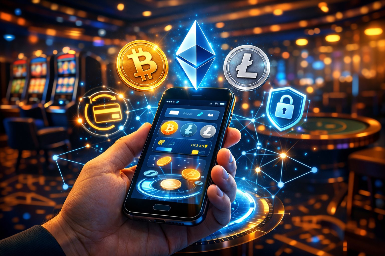 A Hand Holding A Smartphone With Glowing Cryptocurrency Icons Floating Above It, Set Against A Modern Casino Background With Slot Machines And Gaming Tables.