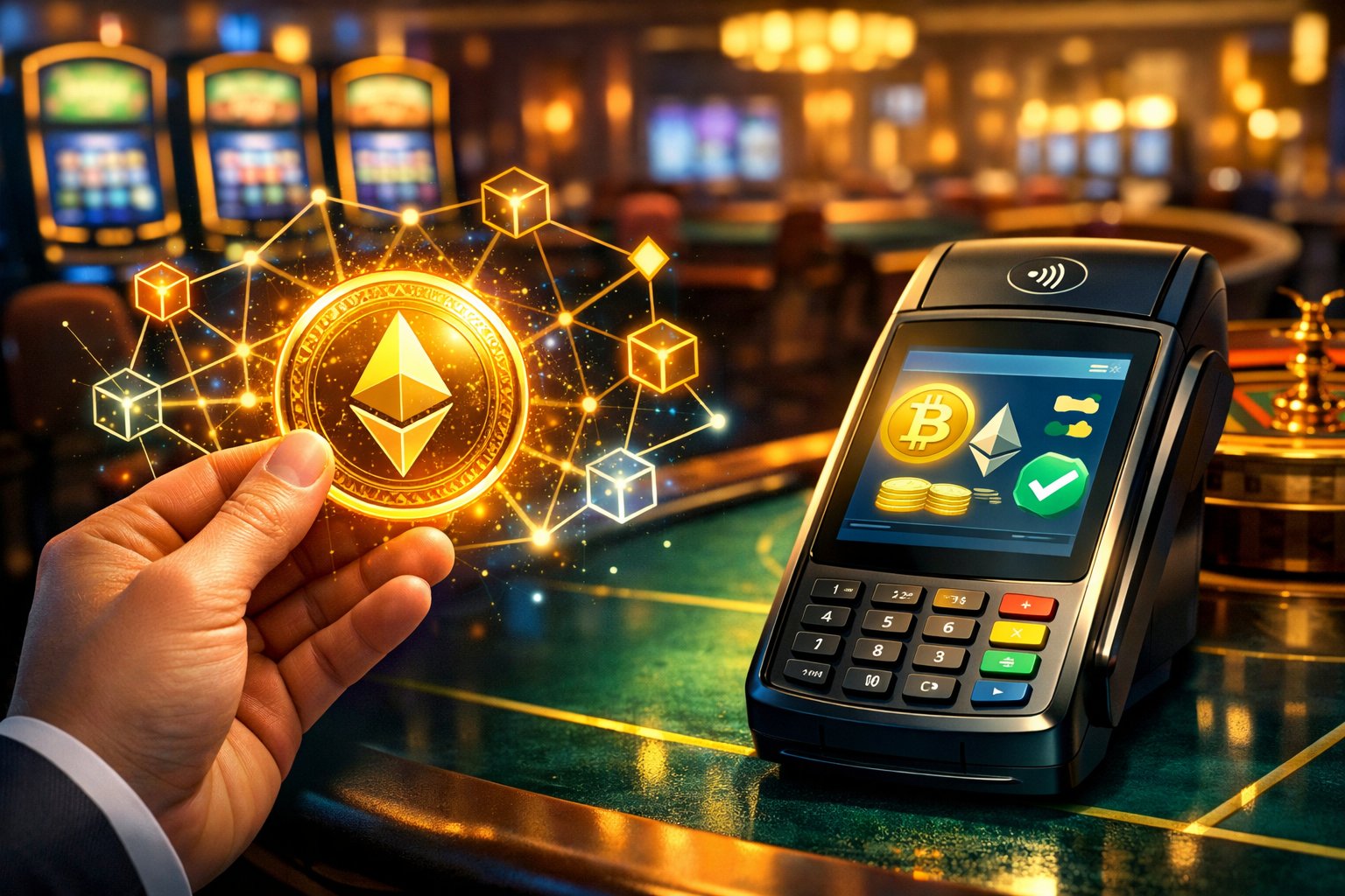 A Hand Holding A Glowing Digital Cryptocurrency Coin With A Casino Background Including Slot Machines And A Digital Payment Terminal Nearby.