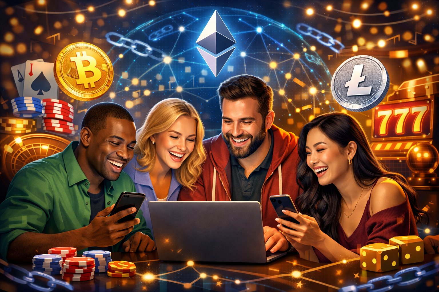 A Group Of People Using Digital Devices With Floating Cryptocurrency Symbols And Casino Elements Around Them, Representing Secure And Easy Crypto Payments In Online Casinos.