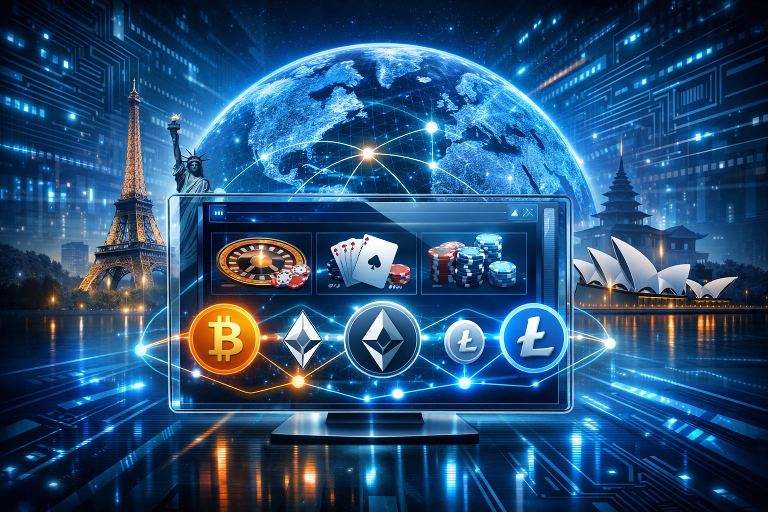 A Digital Casino Interface Surrounded By Cryptocurrency Icons Connected Across A Global Network With International Landmarks In The Background.