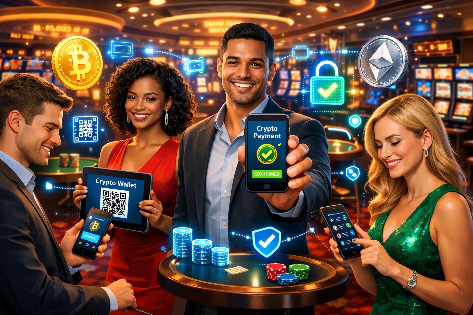 People Using Smartphones And Tablets In A Casino Setting With Digital Coins And Blockchain Symbols Representing Cryptocurrency Payments.