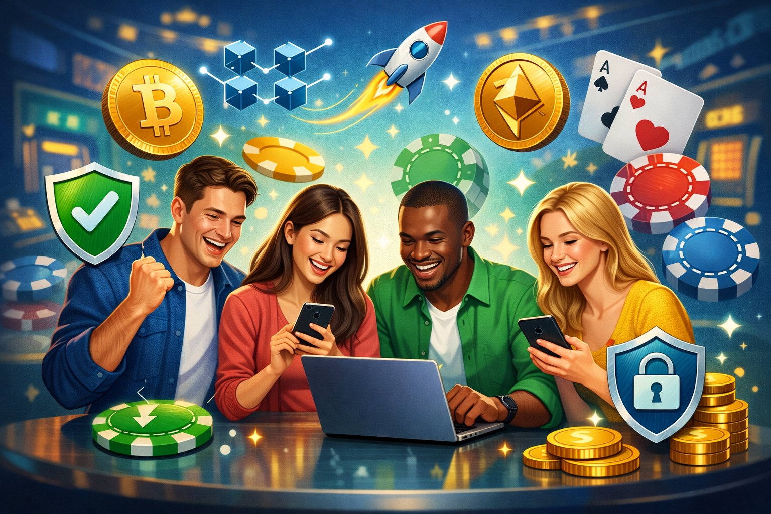 A Group Of Happy Casino Players Using Digital Devices Surrounded By Symbols Of Cryptocurrency And Secure Transactions.