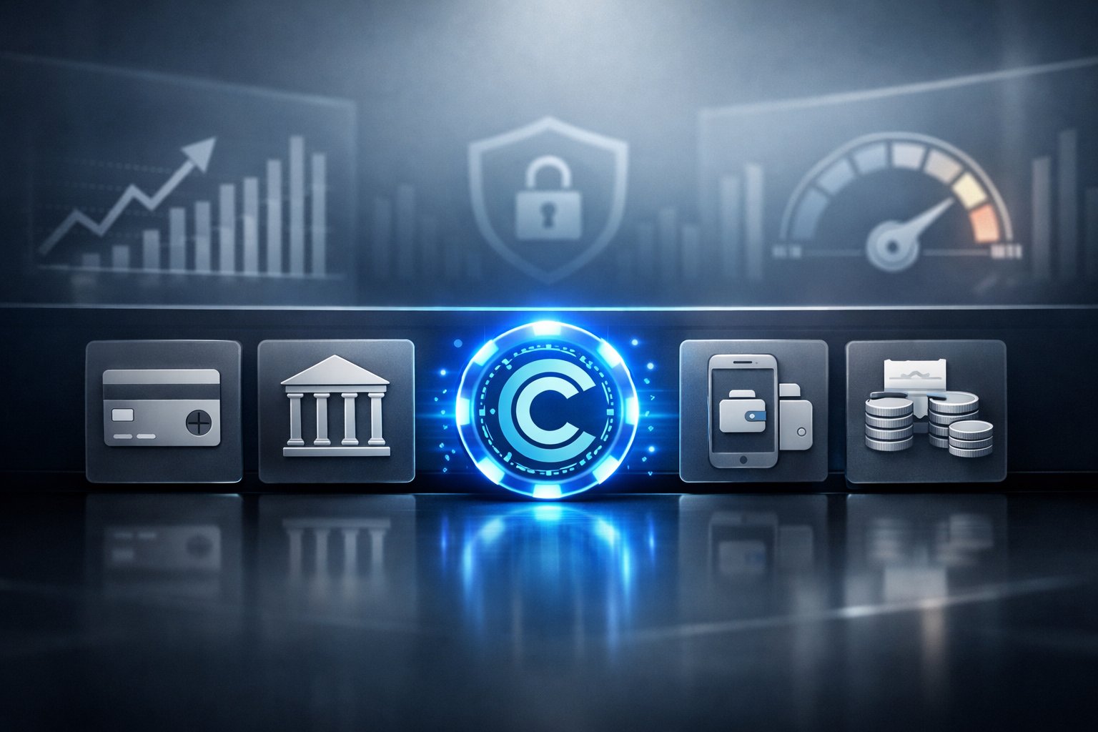 A Digital Interface Showing Icons Of Different Payment Methods Including Cryptopay, Credit Cards, Bank Transfers, And EWallets, With Charts In The Background Representing Speed And Security.