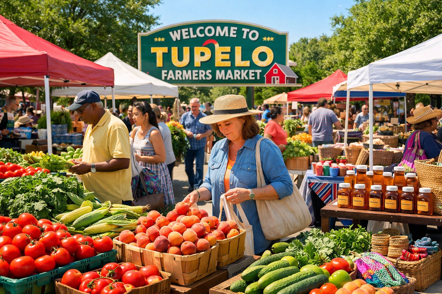 People shopping at an outdoor farmers market with colorful fresh produce and trees in the background.