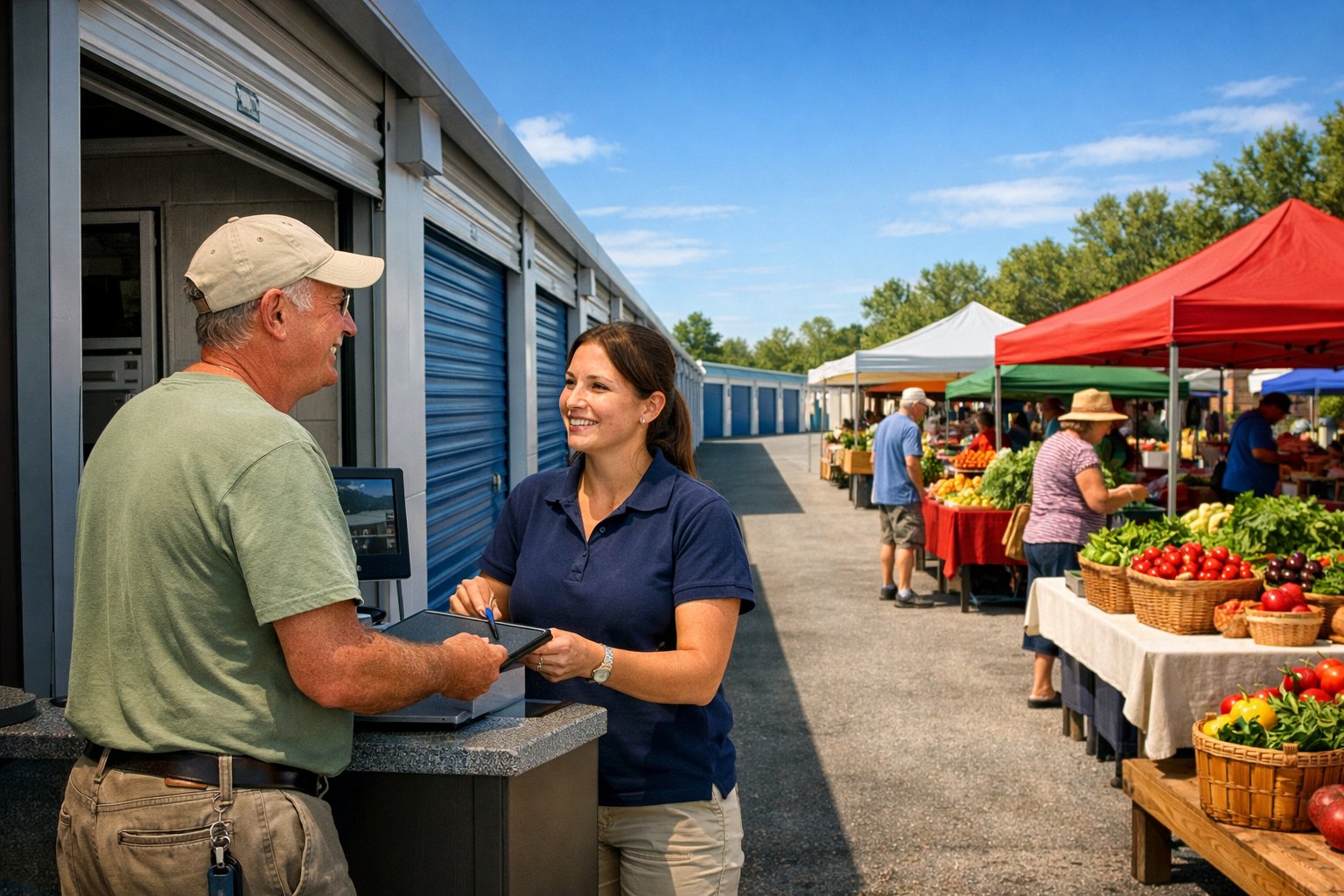 A storage unit facility next to a busy farmers market with fresh produce stalls and shoppers in Tupelo, Mississippi.