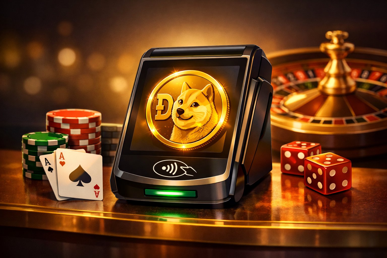 A Casino Payment Terminal Displaying A Glowing Dogecoin Coin, Surrounded By Poker Chips, Playing Cards, And A Roulette Wheel.