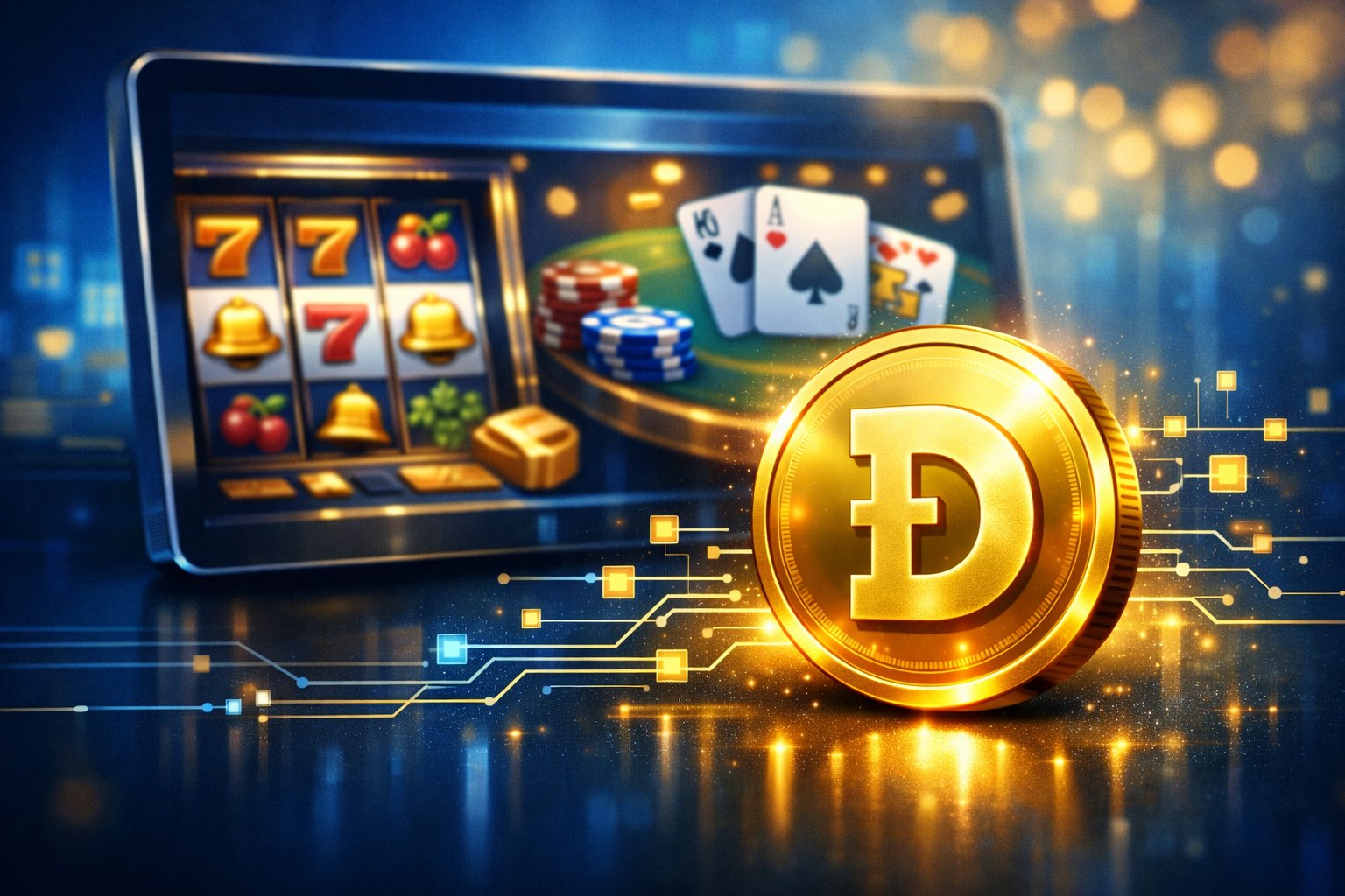 A Computer Screen Showing An Online Casino Interface With A Glowing Golden Dogecoin Coin In Front, Surrounded By Digital Circuit Elements.