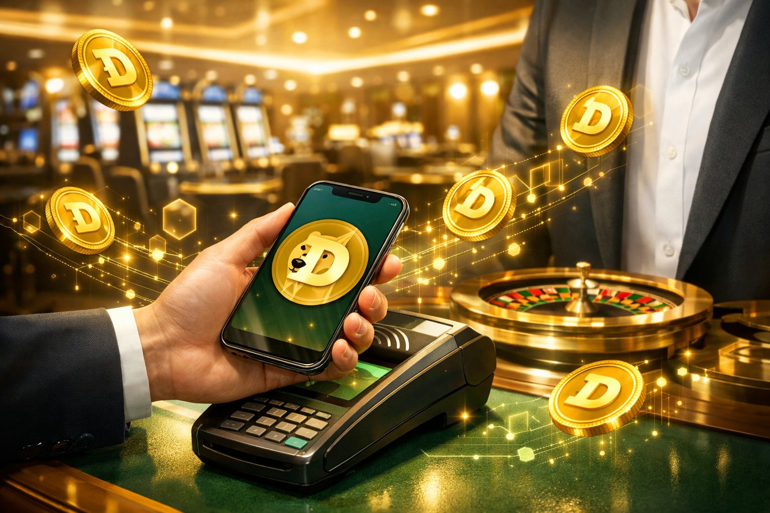 A Person Making A Digital Payment With Dogecoin On A Smartphone Inside A Modern Casino With Slot Machines And A Roulette Table In The Background.