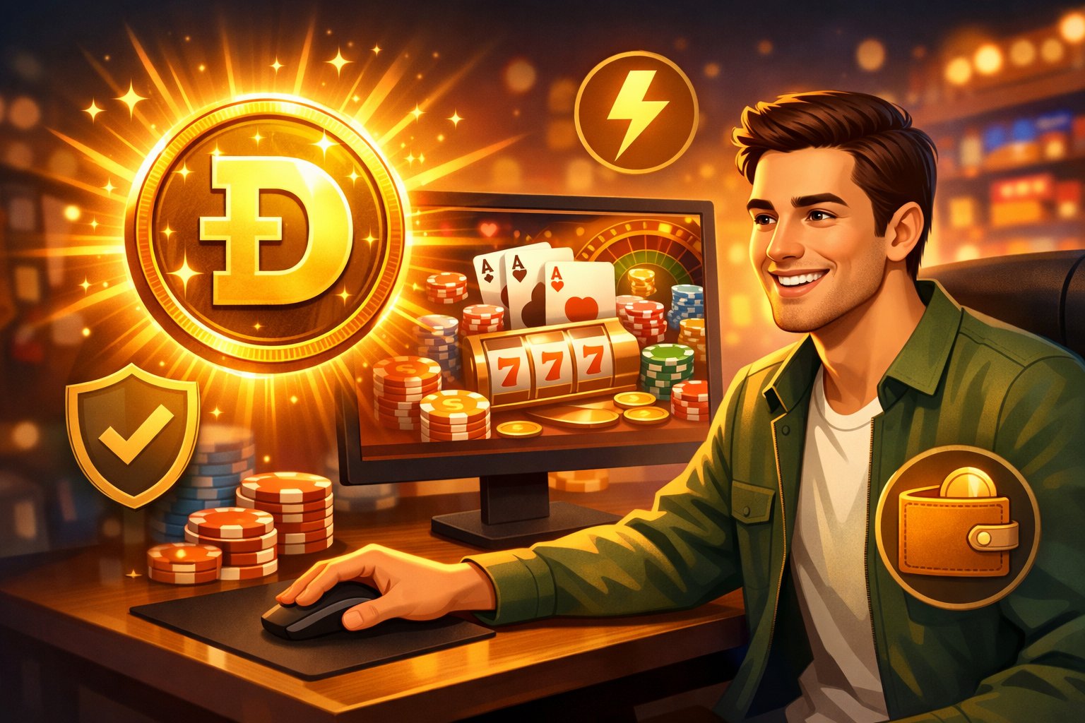 A Person Happily Using A Computer With A Digital Casino Interface, Surrounded By Symbols Representing Dogecoin And Secure, Fast Payments.