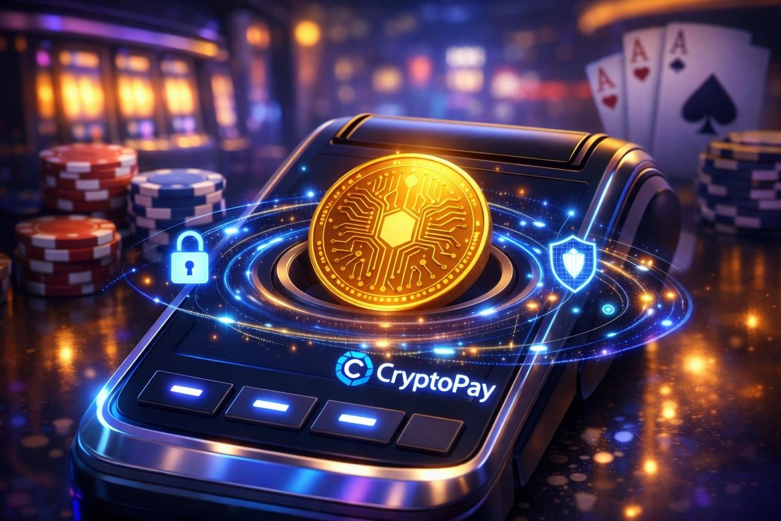 A Futuristic Casino Scene Showing A Glowing Digital Cryptocurrency Coin Integrated Into A Payment Terminal, Surrounded By Holographic Security Symbols And Casino Elements Like Poker Chips And Cards.