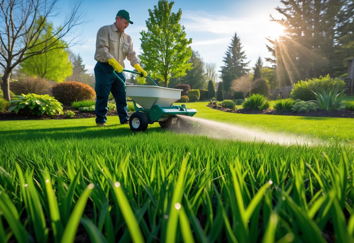 A gardener spreading fertilizer on a healthy green lawn surrounded by trees under a clear sky.