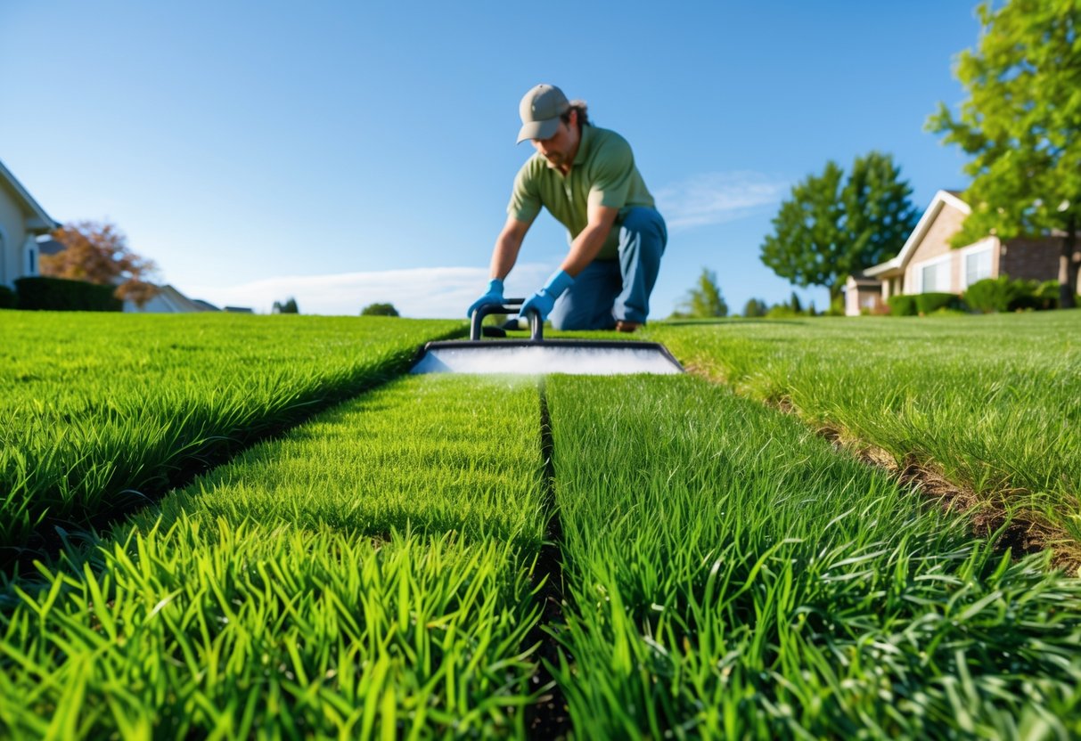 A person applying fertilizer to a healthy, divided lawn showing different grass types under a clear blue sky.
