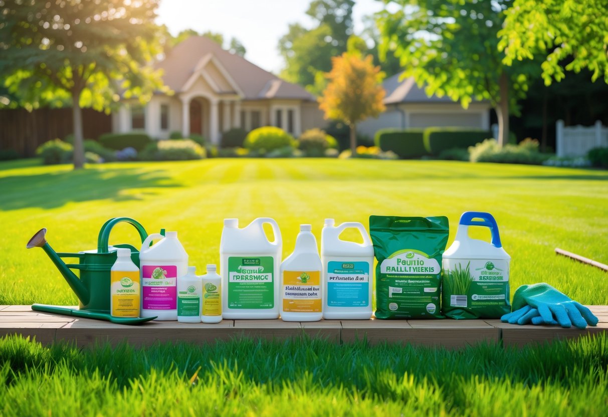 A vibrant green lawn with various types of fertilizers and gardening tools arranged on a wooden surface in front of a suburban yard.