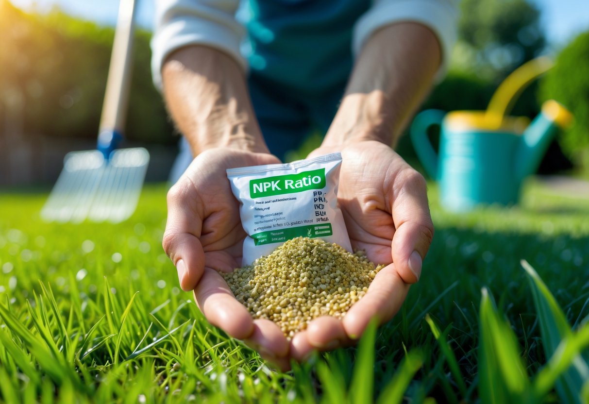 Close-up of hands holding granular fertilizer over a green lawn with gardening tools nearby.
