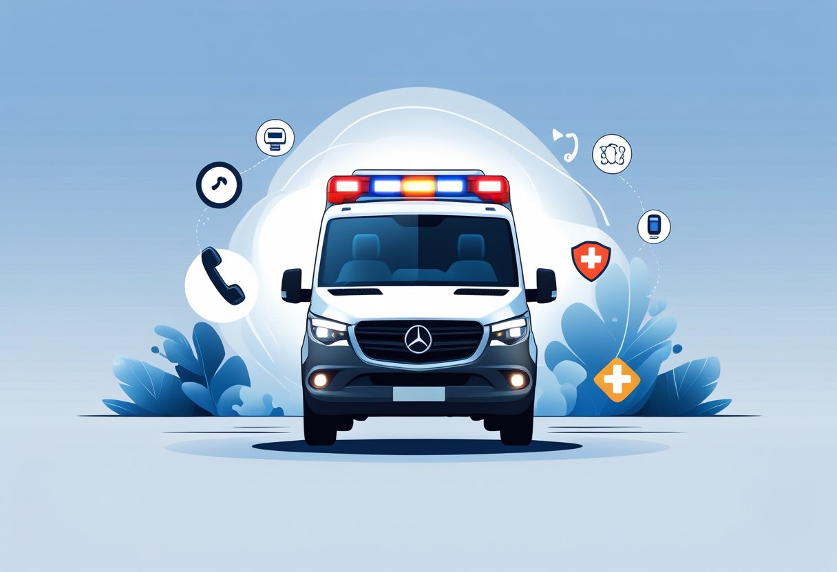 Número Emergência Ambulância: Quando Ligar e Como Agir em Situações Críticas 1 Uma ambulância de emergência com luzes piscando em destaque, cercada por ícones que representam comunicação e resposta a emergências.