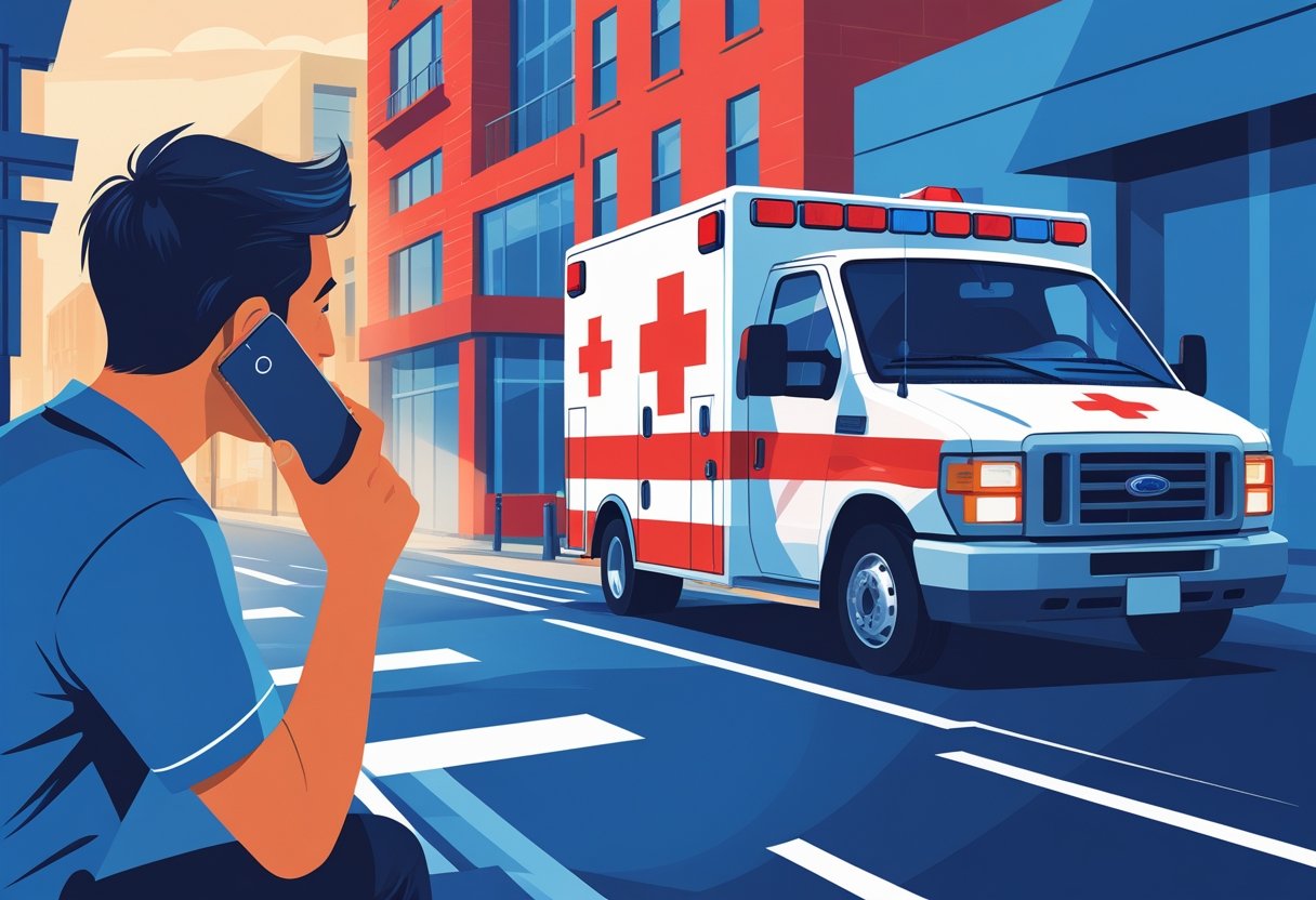Número Emergência Ambulância: Quando Ligar e Como Agir em Situações Críticas 2 Pessoa segurando um telefone pronta para chamar uma ambulância, com uma ambulância chegando em uma rua urbana.