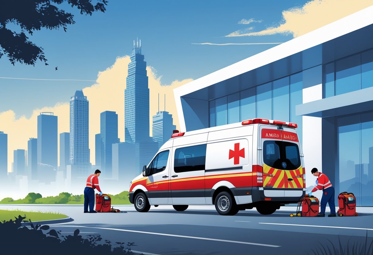 Uma ambulância estacionada em frente a um prédio moderno com paramédicos preparando equipamentos, com a paisagem urbana de São Paulo ao fundo.