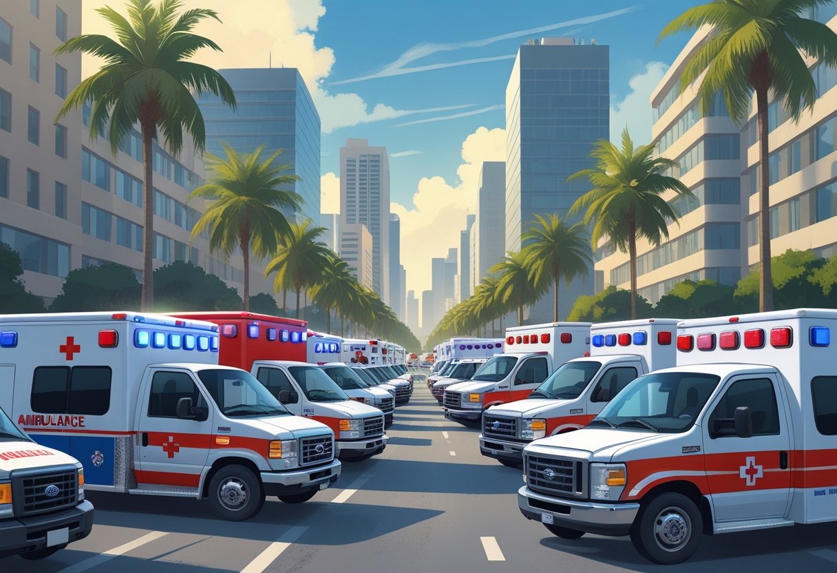 Vários tipos de ambulâncias estacionadas em uma rua da cidade de São Paulo, com prédios e árvores ao fundo.