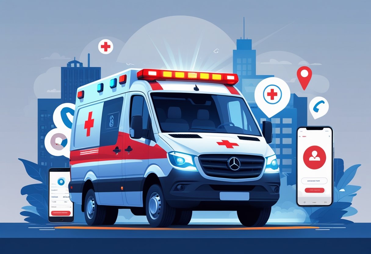 Ambulância com luzes piscando cercada por ícones de telefone, smartphone e localização, com uma cidade e hospital ao fundo.