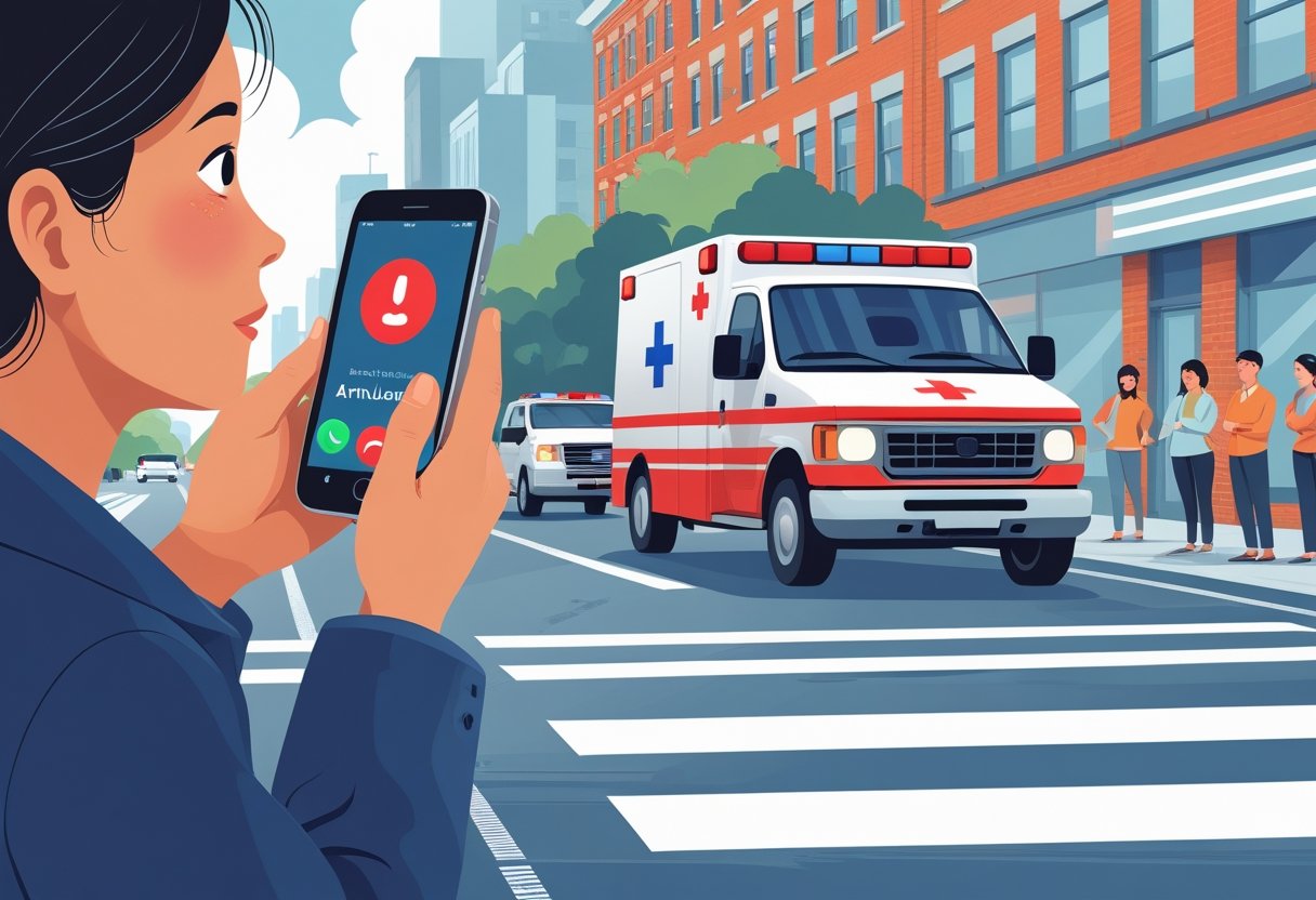 Pessoa segurando um telefone com a tela de chamada de emergência, enquanto uma ambulância com luzes piscando chega em uma rua urbana.