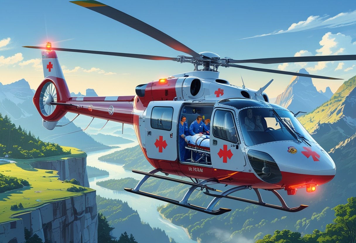 Um helicóptero de ambulância aérea voando sobre uma cidade e áreas naturais, com equipe médica cuidando de um paciente no interior.
