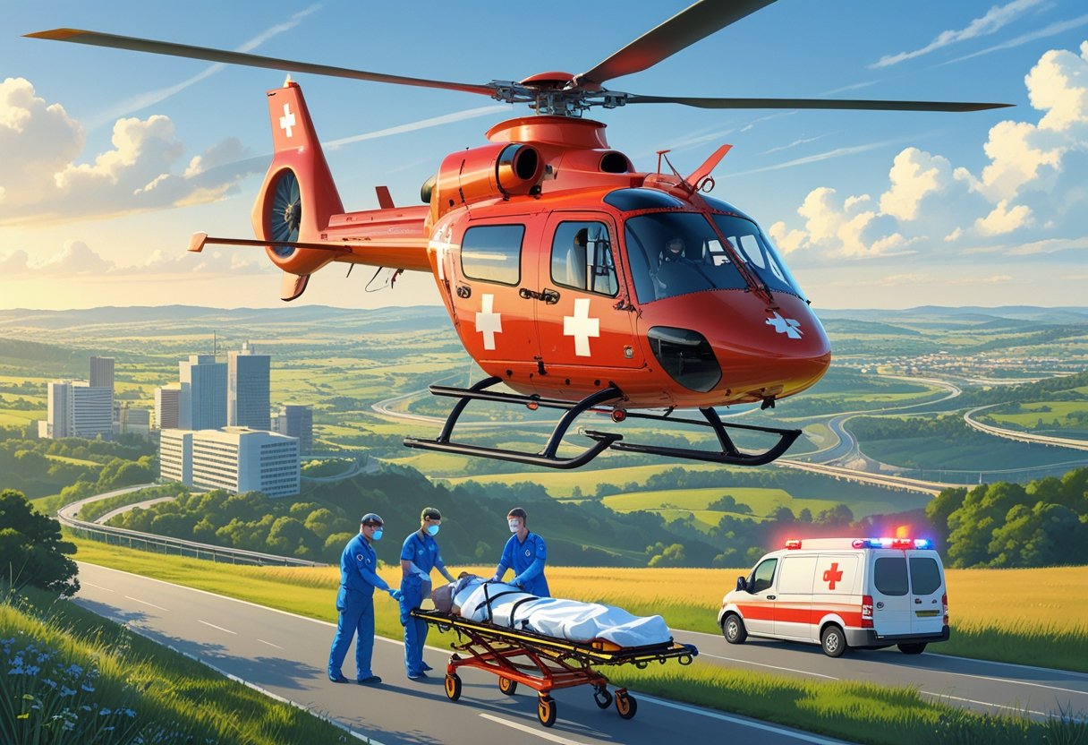 Um helicóptero de ambulância aérea voando sobre uma cidade e área rural, com uma equipe médica preparando um paciente para transporte de emergência.