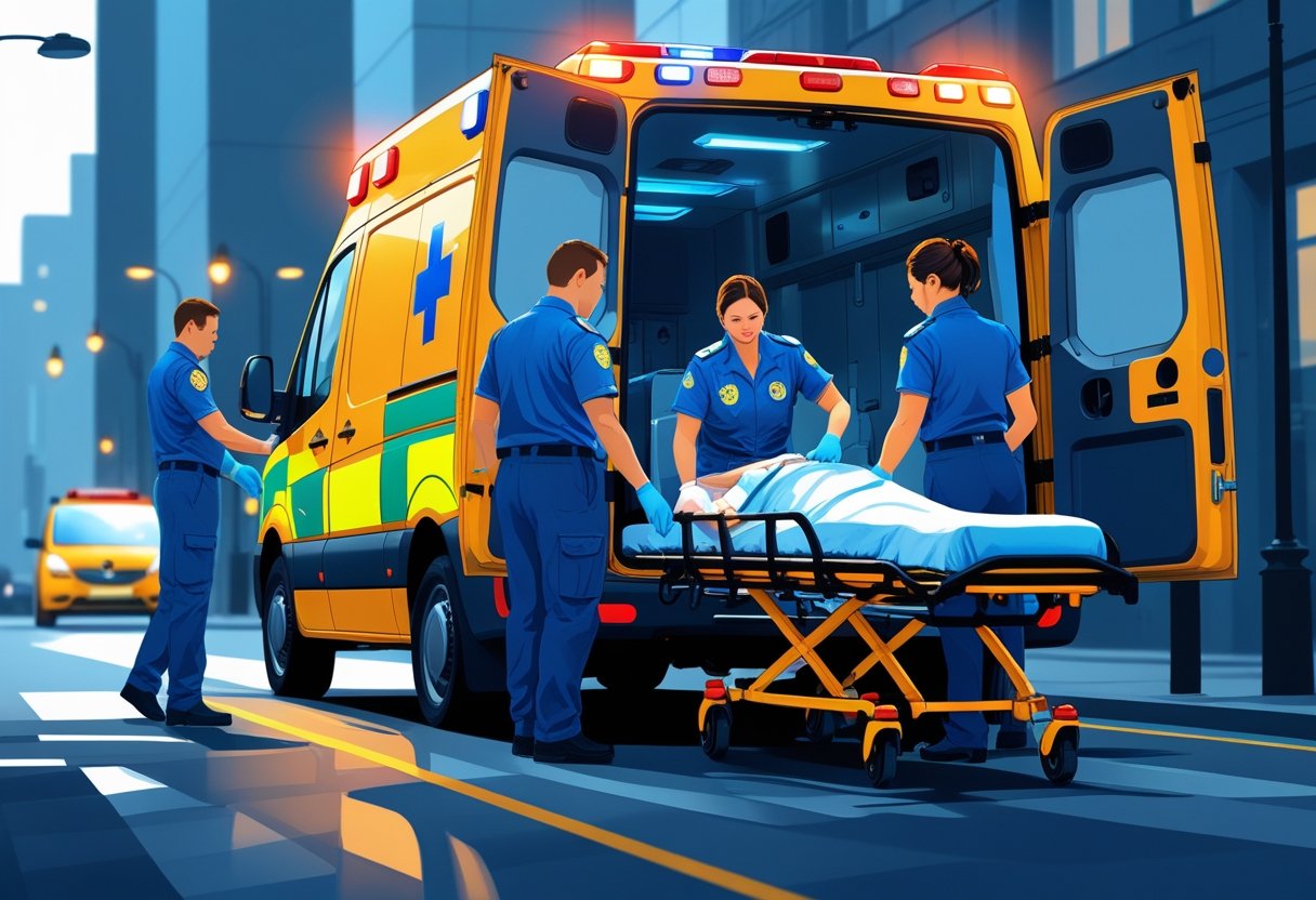 Ambulância de emergência com paramédicos atendendo um paciente em uma maca na rua de uma cidade.