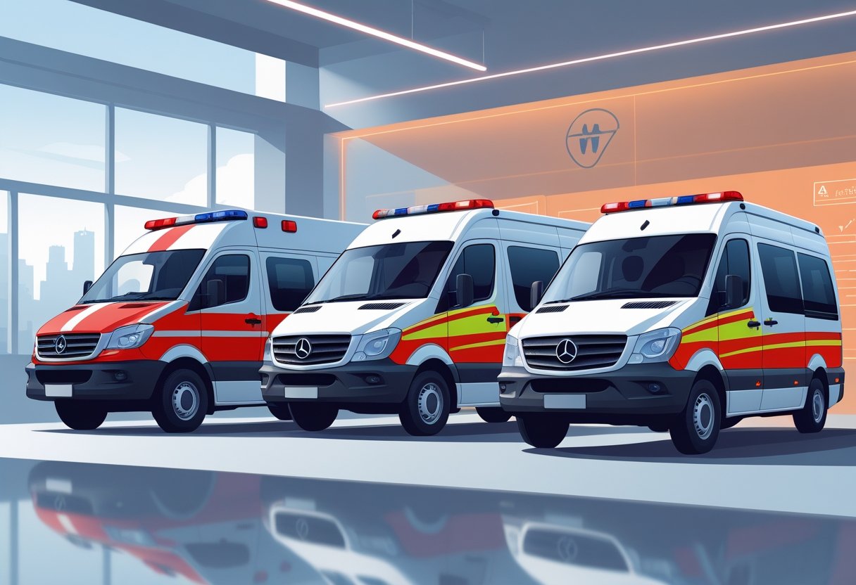 Vários tipos principais de ambulância de emergência alinhadas, mostrando diferentes modelos e equipamentos em um ambiente hospitalar.