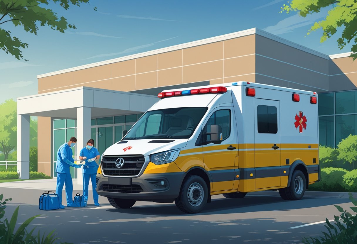 Uma ambulância moderna estacionada em frente a um hospital, com paramédicos preparando equipamentos médicos ao lado do veículo.