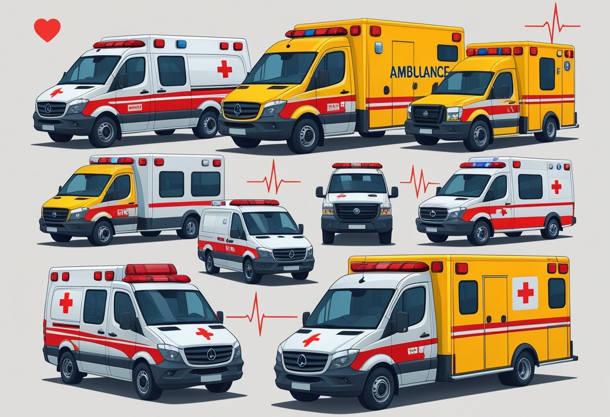 Ilustração mostrando diferentes tipos de ambulâncias disponíveis para aluguel alinhadas lado a lado, com detalhes visíveis dos veículos e símbolos médicos ao redor.