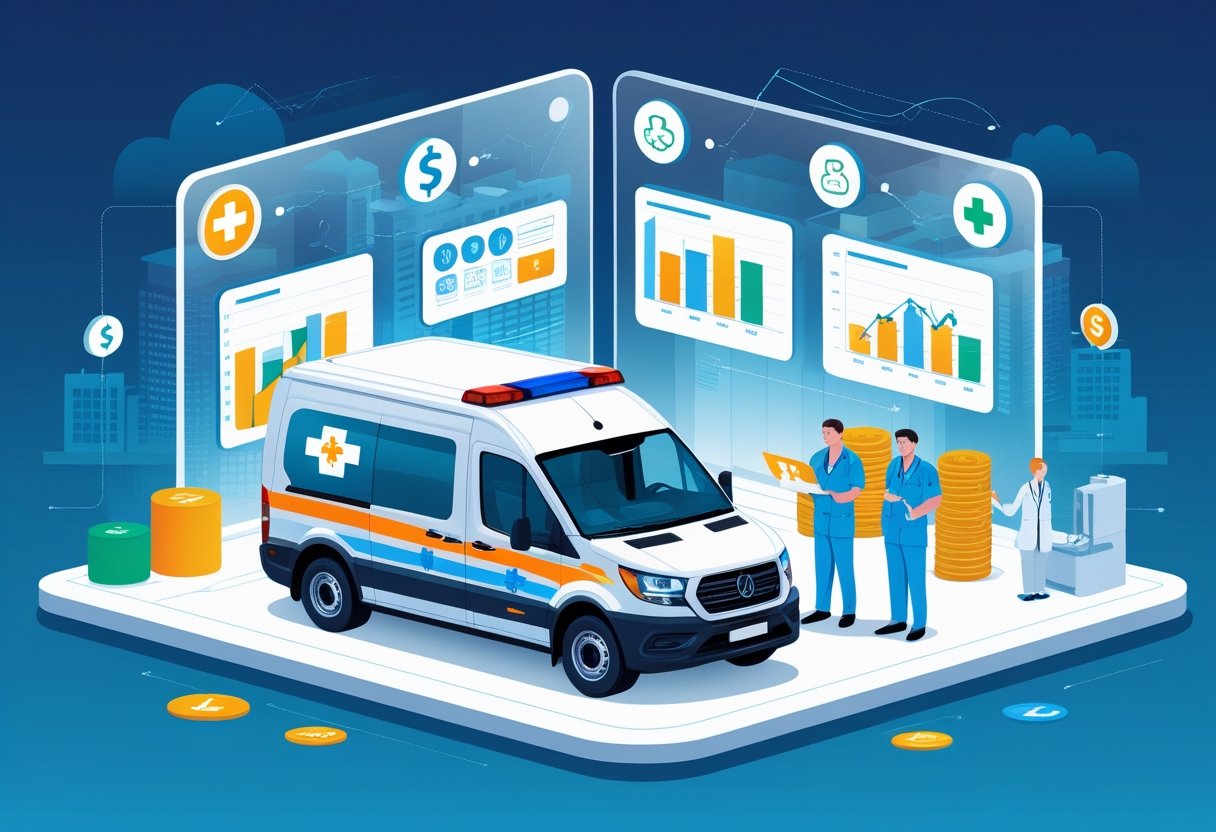 Ambulancia preço em Curitiba: Fatores Que Influenciam o Valor do Serviço Ambulância estacionada em frente a um hospital com profissionais de saúde analisando gráficos e ícones que representam custos relacionados ao serviço de ambulância.