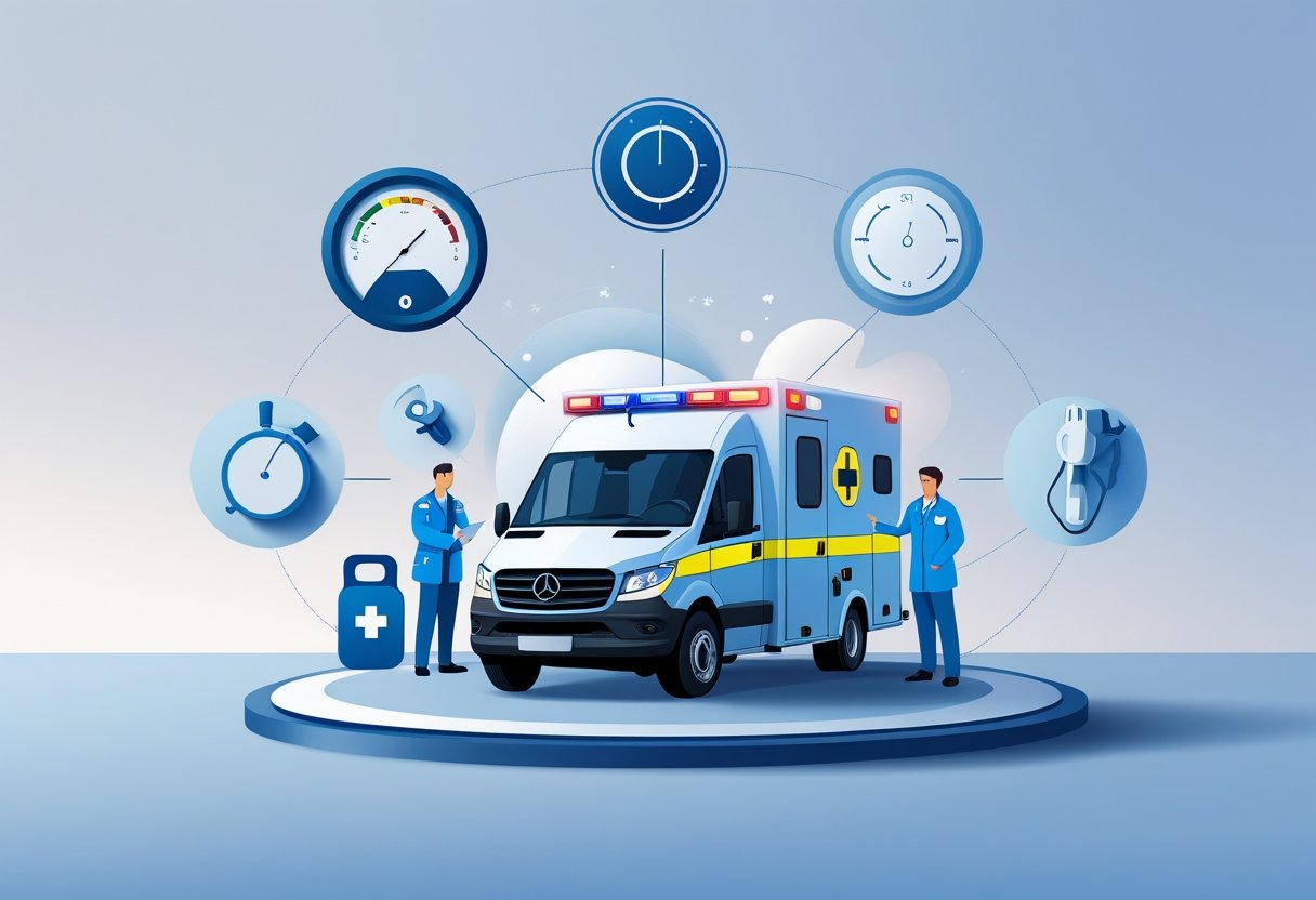 Ambulancia preço em Curitiba: Fatores Que Influenciam o Valor do Serviço Ilustração de uma ambulância cercada por ícones que representam fatores que influenciam seu preço, como combustível, equipamentos médicos, tempo de resposta, manutenção e equipe de saúde.
