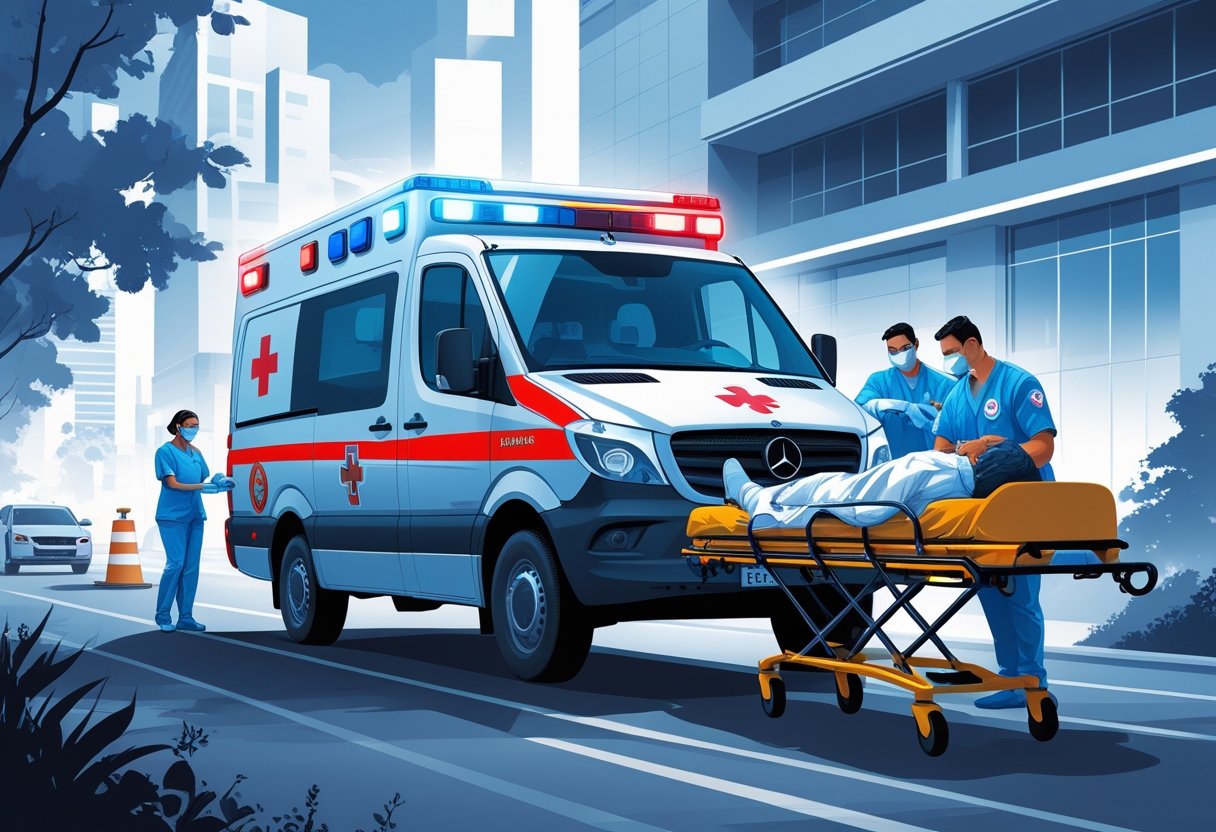 Ambulância valor em Curitiba: Fatores Que Influenciam o Preço e Como Economizar Uma ambulância moderna com paramédicos cuidando de um paciente em uma maca, em um cenário urbano com hospitais ao fundo.