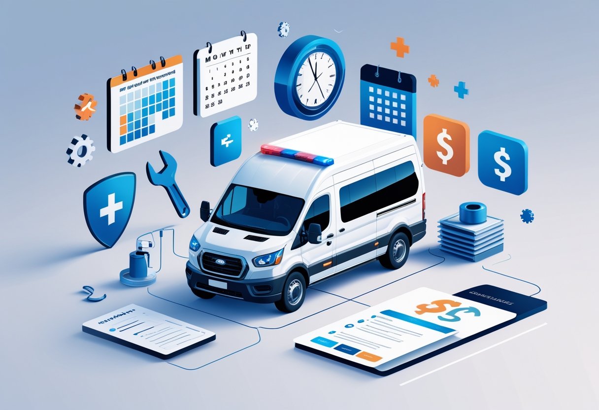 Ambulância valor em Curitiba: Fatores Que Influenciam o Preço e Como Economizar Uma ambulância moderna cercada por ícones que representam manutenção, idade, segurança, custo e conformidade regulatória, mostrando os fatores que influenciam o valor da ambulância.