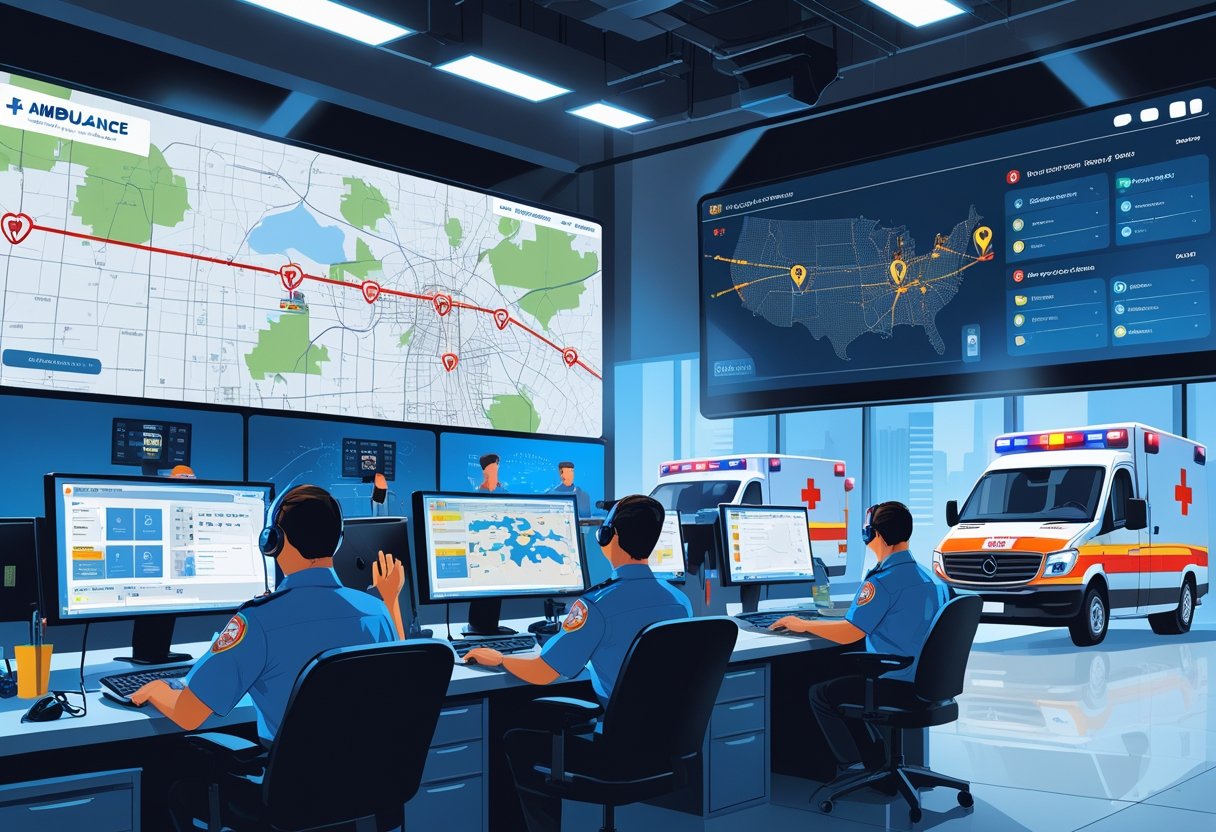 Centro de controle de ambulância com operadores em computadores, mapa digital com rotas e uma ambulância pronta para sair.