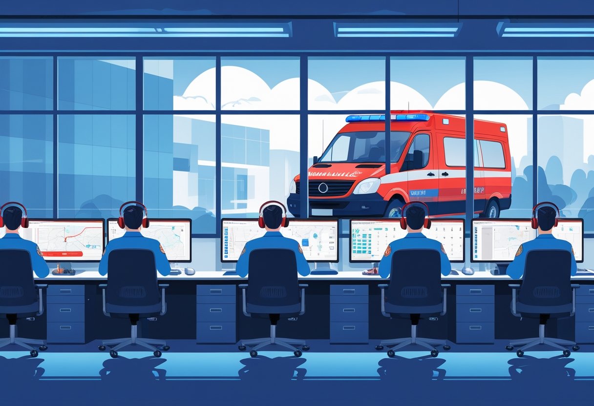 Centro de atendimento de emergência com operadores usando headsets e um ambulância pronta para sair ao fundo.
