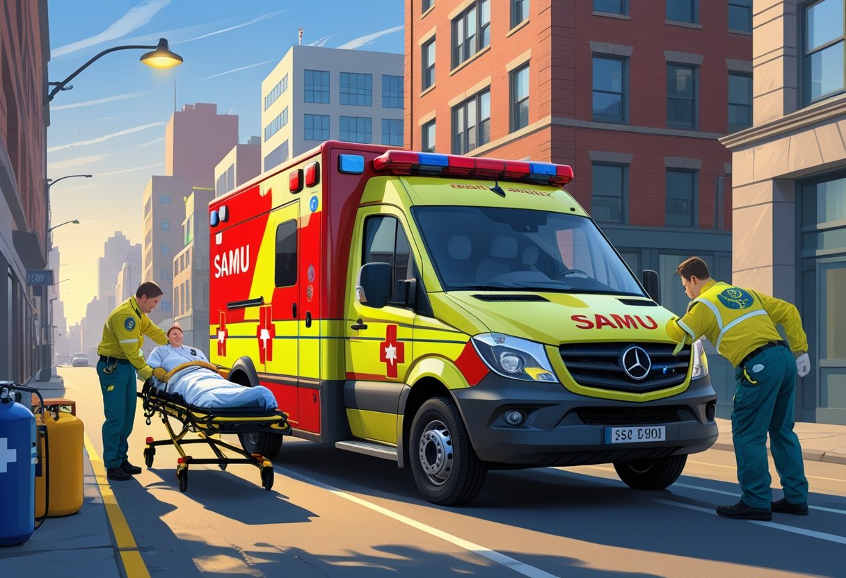 Uma ambulância do SAMU estacionada na rua com paramédicos atendendo um paciente em uma maca ao lado do veículo.