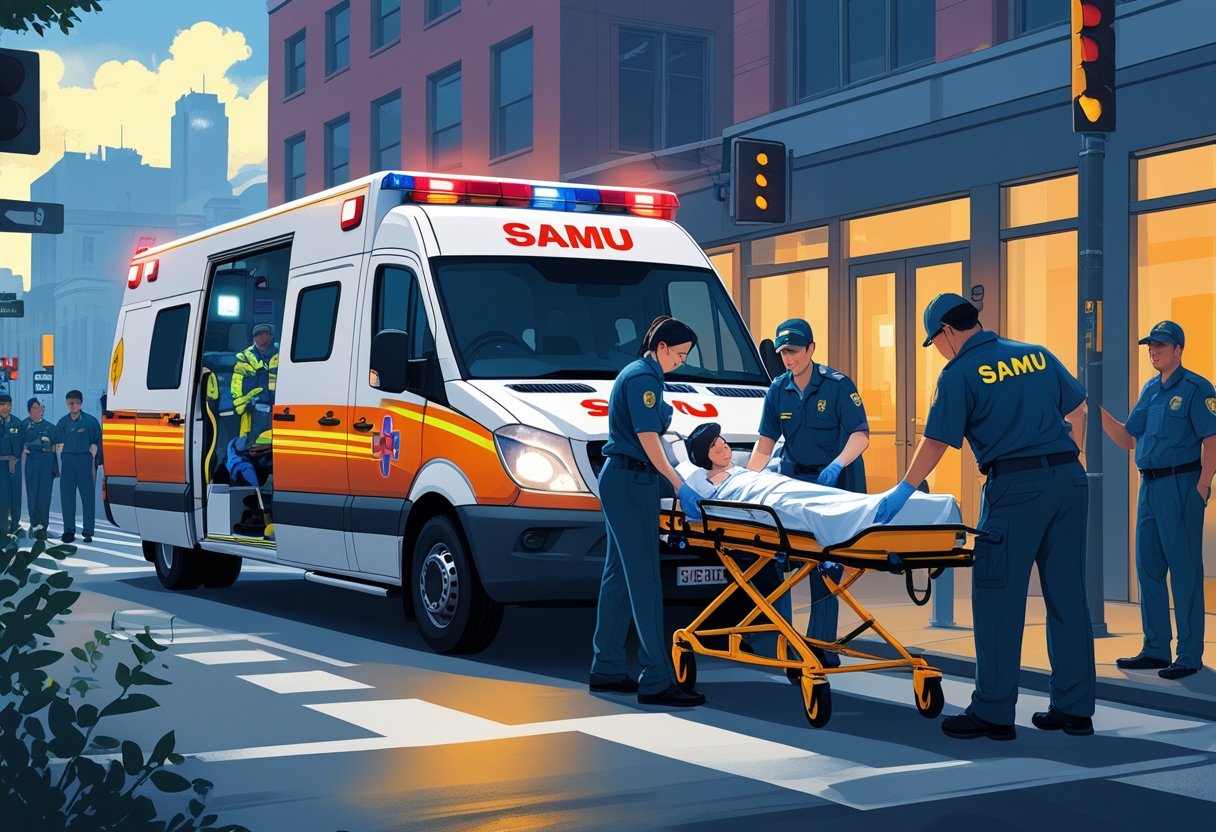 Uma ambulância do SAMU com paramédicos atendendo um paciente em uma rua da cidade.