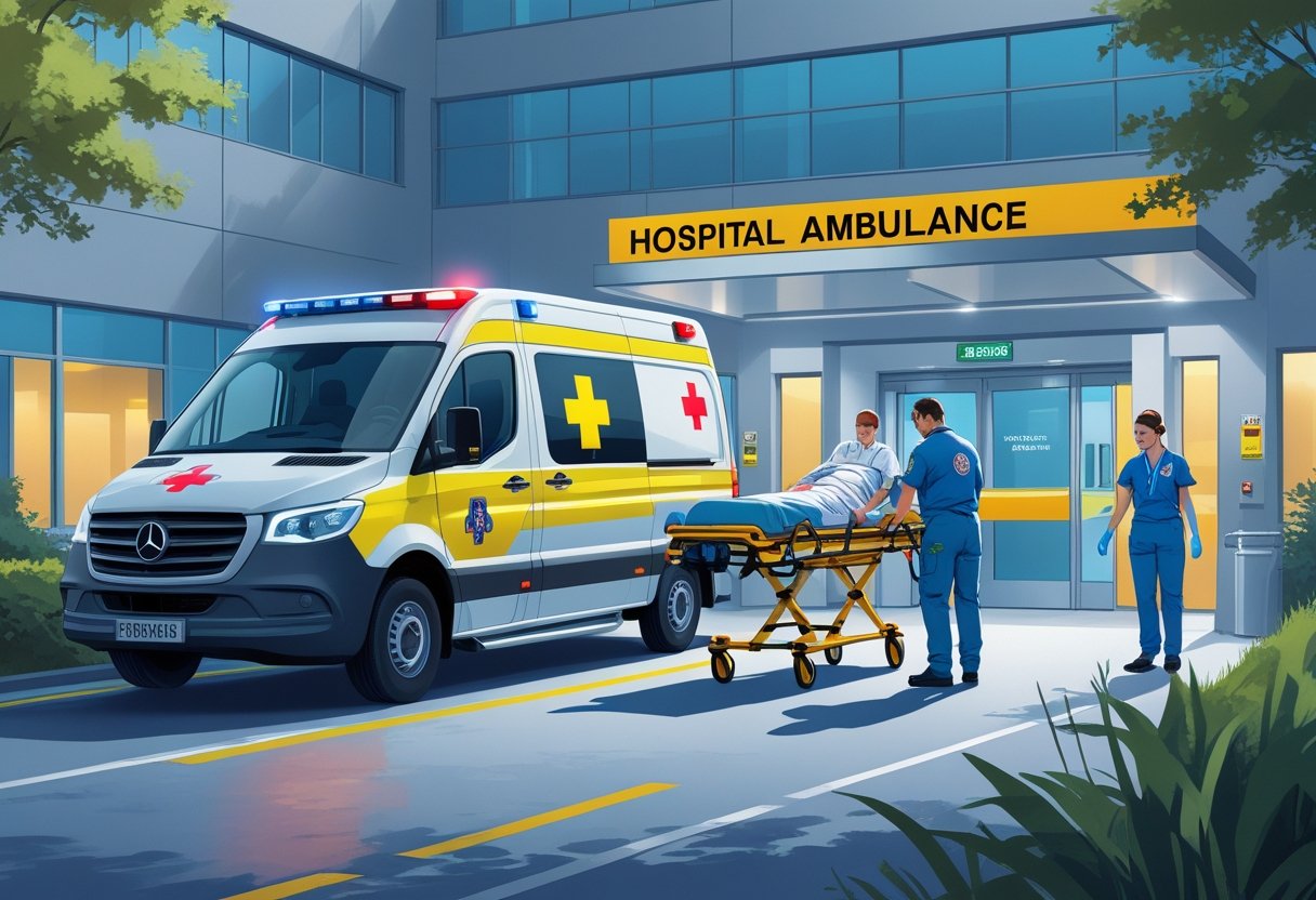 Uma ambulância hospitalar estacionada na entrada de um pronto-socorro, com paramédicos ajudando um paciente em uma maca a entrar no hospital.