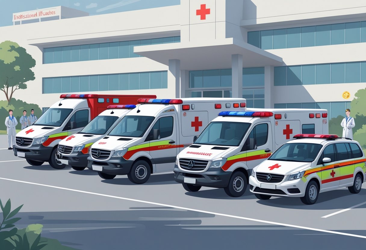 Vários tipos de ambulâncias hospitalares alinhadas lado a lado em um ambiente hospitalar, mostrando diferentes modelos e equipamentos médicos.
