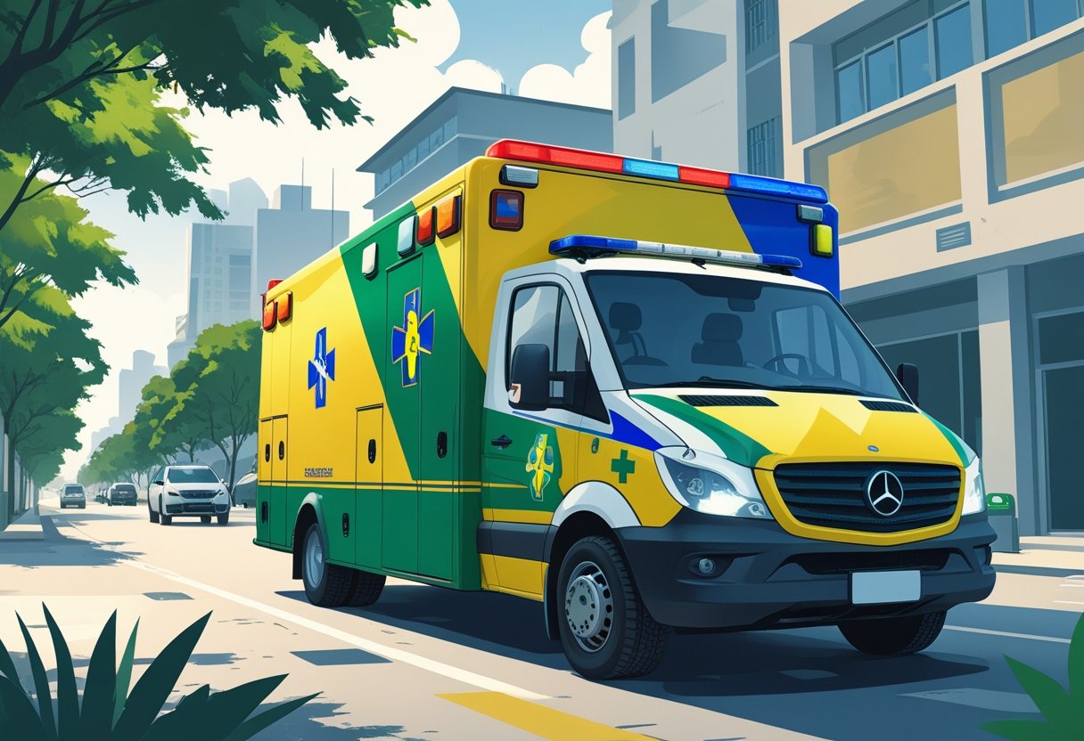 Uma ambulância com paramédico em uma rua da cidade no Brasil, pronta para atender uma emergência.