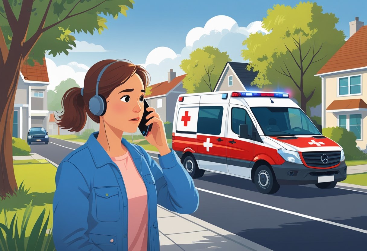 Pessoa fazendo uma ligação para a ambulância enquanto uma ambulância chega em uma área residencial durante o dia.