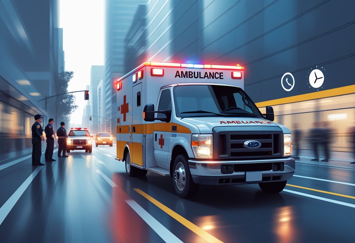 Numero Da Ambulância em Curitiba: Como Acionar o Atendimento de Emergência Corretamente Uma ambulância de emergência com luzes piscando em movimento pela rua, com socorristas próximos prontos para ajudar.