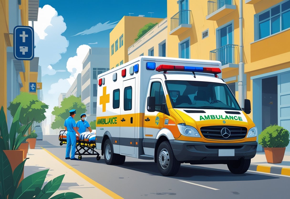 Ambulância brasileira estacionada em uma rua da cidade, com profissionais de saúde atendendo um paciente em uma maca ao lado do veículo.
