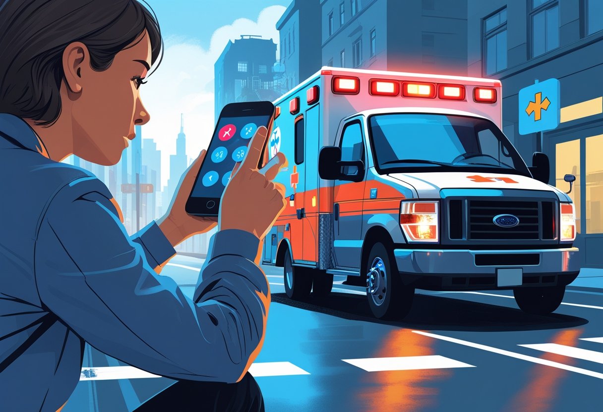 Pessoa fazendo uma ligação para a ambulância enquanto uma ambulância se aproxima em uma rua da cidade.