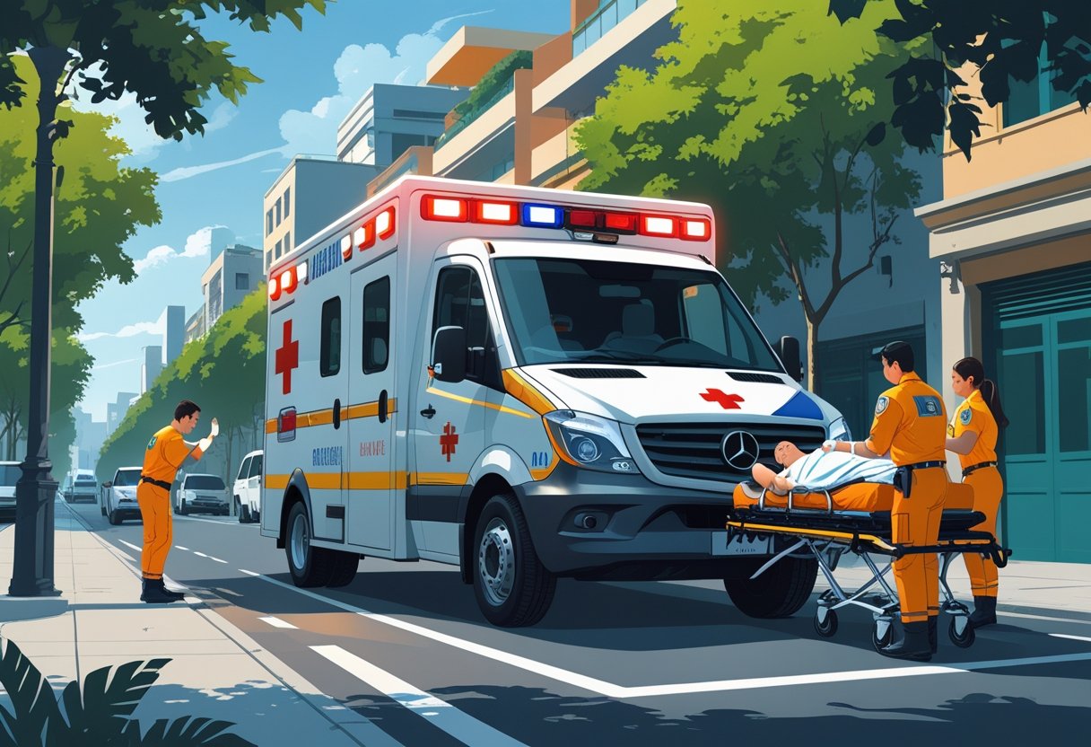 Ambulância particular estacionada em uma rua urbana da Zona Sul de São Paulo, com paramédicos atendendo um paciente em uma maca.