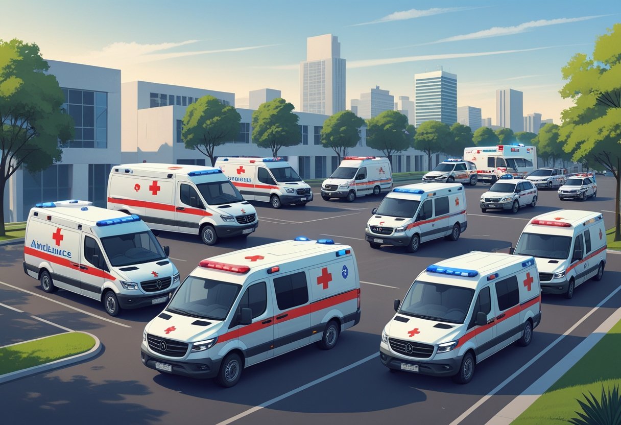 Vários tipos de ambulâncias particulares estacionadas em uma área urbana da Zona Sul de São Paulo, mostrando diferentes modelos e configurações.