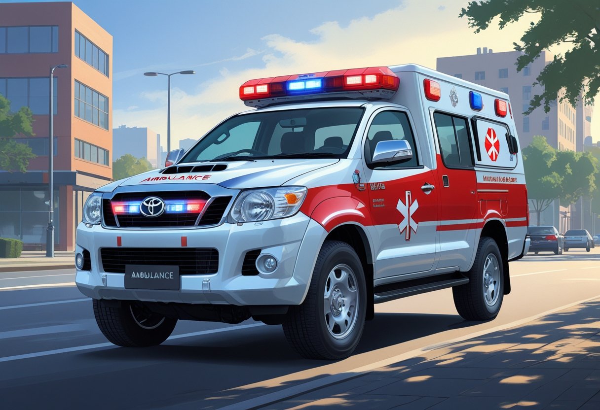 Uma ambulância Hilux estacionada em uma rua da cidade, com luzes de emergência no teto e símbolos médicos nas portas.