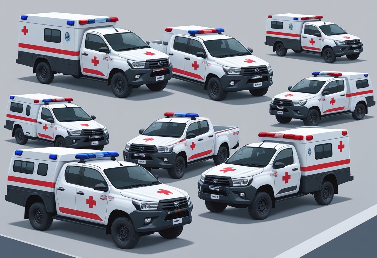 Vários modelos de ambulâncias Hilux em diferentes configurações, exibindo equipamentos médicos e luzes de emergência, alinhados para comparação.