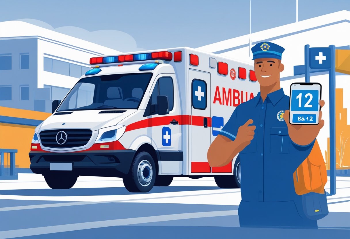 Uma ambulância com luzes piscando estacionada, com um paramédico segurando um celular mostrando o número 192, em um ambiente urbano próximo a um hospital.